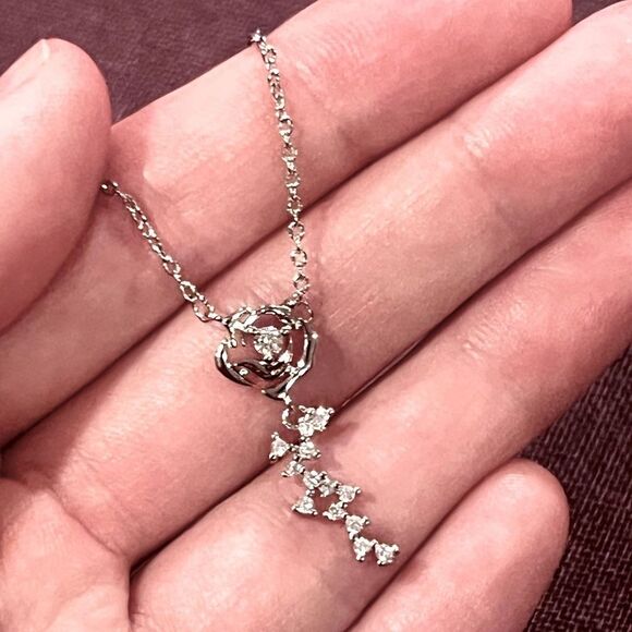 SALE Sterling Silver Crystal Rose Pendant Necklace - Picture 3 of 5